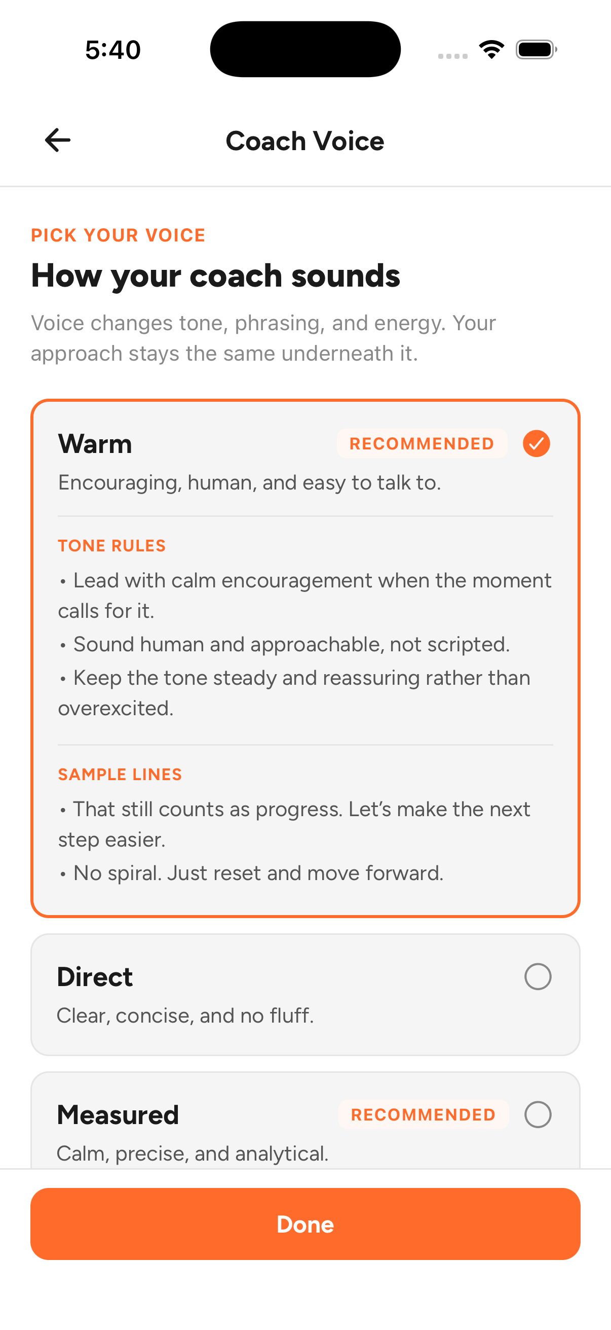 Coach Voice picker: choosing how your coach sounds, with the Warm voice selected and its tone rules and sample lines