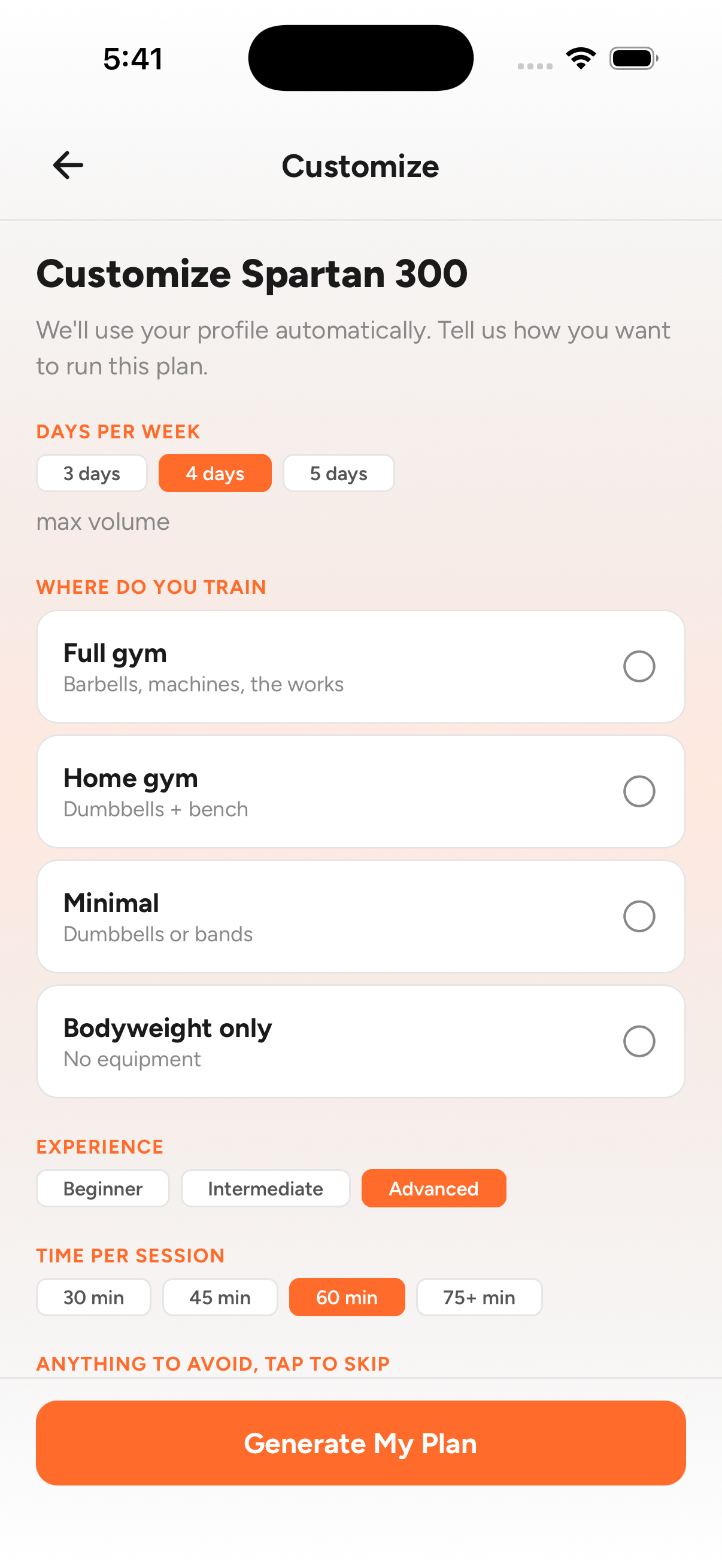 Customizing the Spartan 300 workout plan: days per week, where you train, experience level and session length, then Generate My Plan